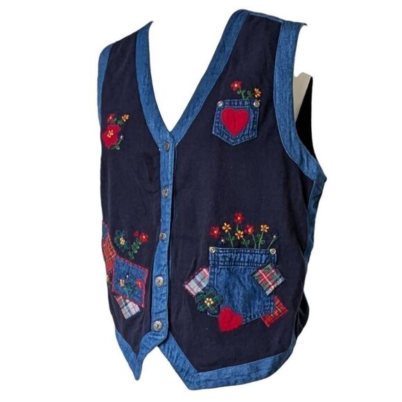 Vintage Victoria Jones Cotton Patch Button Vest Size M Blue Lined Plaid Hearts - Picture 4 of 9